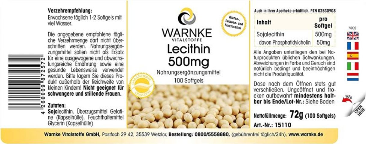 Viên uống mầm đậu nành Warnke Vitalstoffe Lecithin 500mg - Hỗ trợ cân bằng nội tiết và làm đẹp da, tóc, móng cho phụ nữ