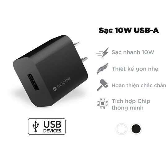 Bộ sạc Mophie 10W USB-A to Lightning cho iPhone/iPad - Sạc nhanh, tiện dụng, thay thế củ sạc Apple 5W, cáp Lightning 1M chất lượng cao
