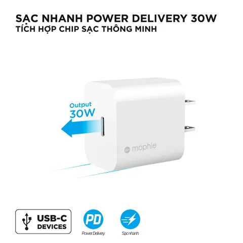 Sạc nhanh Mophie Power Delivery 30W USB-C GaN - Phụ kiện sạc cao cấp, thiết kế nhỏ gọn, tương thích iPhone 13 và các thiết bị PD khác.