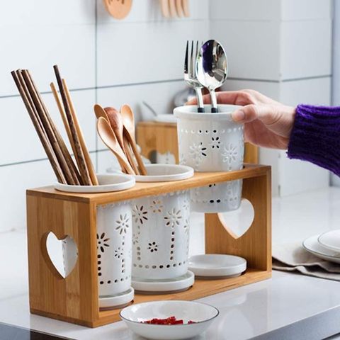 Set 3 Ống Cắm Đũa Gốm Sứ Cao Cấp Kèm Kệ Gỗ - Bộ Dụng Cụ Nhà Bếp Thân Thiện Với Môi Trường, Chất Liệu An Toàn