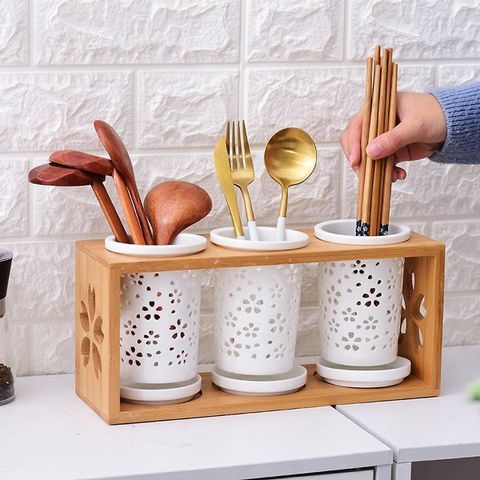 Set 3 Ống Cắm Đũa Gốm Sứ Cao Cấp Kèm Kệ Gỗ - Bộ Dụng Cụ Nhà Bếp Thân Thiện Với Môi Trường, Chất Liệu An Toàn