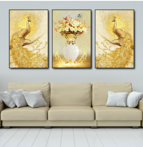 Set 3 Tranh Canvas Đôi Công Hoàng Kim - Trang Trí Tường Sang Trọng, Kích Thước Đa Dạng cho Phòng Khách và Văn Phòng