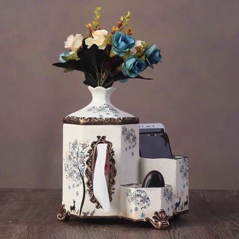 Set Trang Trí Gốm Sứ 3in1 - Lọ Hoa, Hộp Giấy và Ống Để Đồ Họa Tiết Sang Trọng, Unique Home Decor Gift