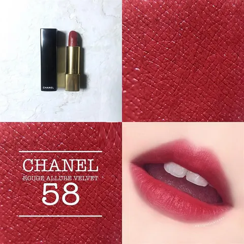 CHANEL ROUGE ALLURE VELVET lipstick 58 ROUGE VIE swatches. the true  swatches without nay fliters. 
