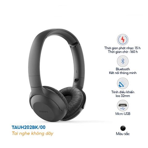 Tai Nghe Bluetooth Chụp Tai Philips TAUH202BK Chống Ồn - Thiết Kế Ôm Đầu, Âm Thanh Trầm Sắc Nét, Thời Gian Sử Dụng 15 Giờ