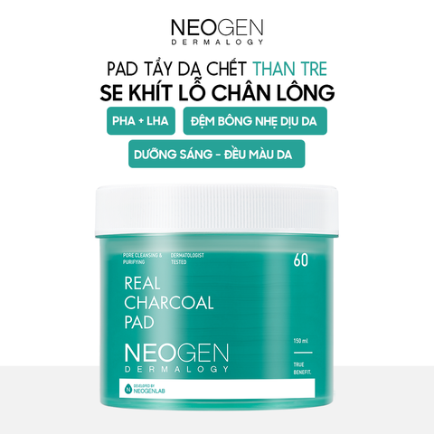 Miếng Tẩy Da Chết Than Tre Neogen Dermalogy Real Charcoal Pad - Hỗ Trợ Làm Sạch Lỗ Chân Lông, Da Mịn Màng, Hộp 60 Miếng