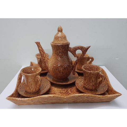 Bộ Bình Trà Cổ Cao Gỗ Dừa Bến Tre - Bộ 1 Bình, 6 Ly Nhỏ, 7 Đĩa - Đồ Trang Trí Nhà Cửa Sang Trọng và Bền Đẹp