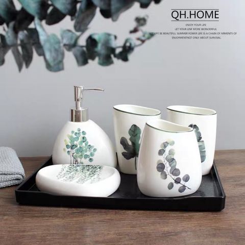 Bộ Đồ Dùng Gốm Sứ Họa Tiết Hình Lá - Sản Phẩm Trang Trí Nhà Tắm Cao Cấp, Thẩm Mỹ và Tiện Nghi