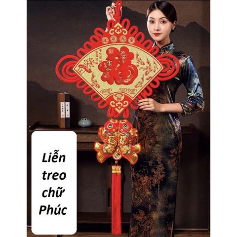 Chữ Phúc Đỏ Treo Trang Trí Kèm Đuôi Cặp Cá Tua Rua - Phụ Kiện Trang Trí Tết Sang Trọng, Bọc Nhung Cao Cấp, Nhiều Mẫu 100-120cm