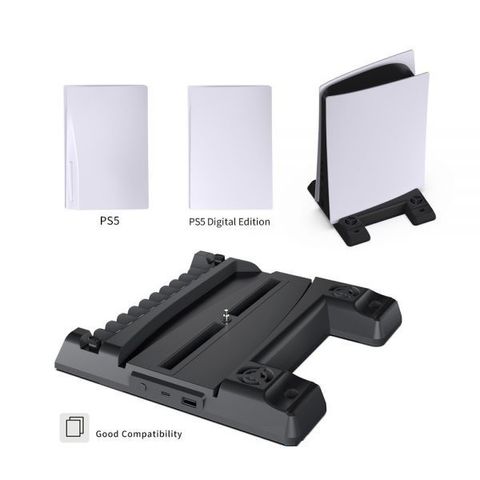 Đế tản nhiệt PS5 kèm sạc nhanh và khay đựng đĩa game - Giải pháp tuyệt vời cho tay cầm PlayStation 5, hỗ trợ làm mát và lưu trữ hiệu quả.