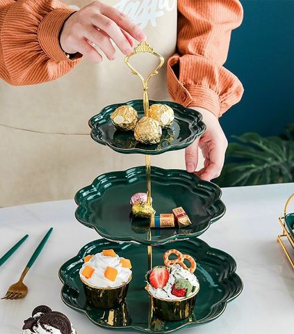 Kệ Sứ Nhiều Tầng Để Bánh Kẹo, Hoa Quả Xanh Ngọc Bích - Bộ Khay Sứ 2 & 3 Tầng Thiết Kế Hiện Đại, Sang Trọng Cho Bữa Tiệc