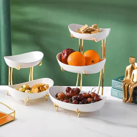 Khay Sứ Đựng Hoa Quả Khung Kim Loại Mạ Vàng Sang Trọng - Trang Trí Bàn Tiệc Nhà Cửa Độc Đáo, Tiện Lợi