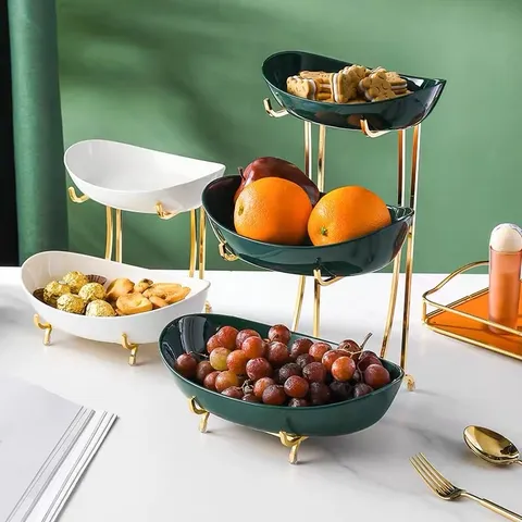 Khay Sứ Đựng Hoa Quả Khung Kim Loại Mạ Vàng Sang Trọng - Trang Trí Bàn Tiệc Nhà Cửa Độc Đáo, Tiện Lợi