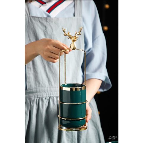 Ống Cắm Đũa Đơn Viền Vàng Khung Hợp Kim Đầu Hươu - Trang Trí Nhà Bếp Sang Trọng, Gọn Gàng, Đựng Đũa, Thìa Cao Cấp
