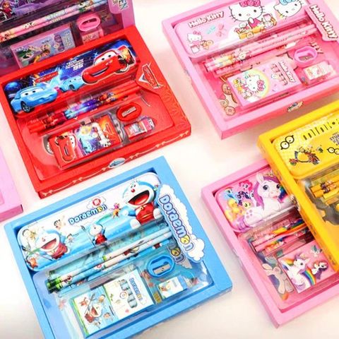 Bộ Dụng Cụ Học Tập 7 Món Kèm Hộp Hoạt Hình Elsa, Minion, Pony - Quà Tặng Học Tập Đẹp, Thú Vị Cho Trẻ Em