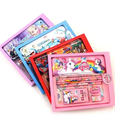 Bộ Dụng Cụ Học Tập 7 Món Kèm Hộp Hoạt Hình Elsa, Minion, Pony - Quà Tặng Học Tập Đẹp, Thú Vị Cho Trẻ Em