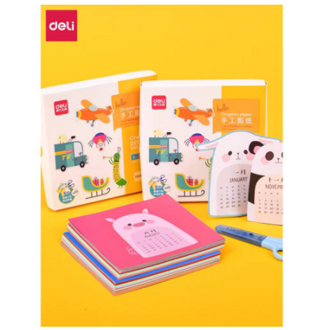 Set Kéo và Giấy Cắt Thủ Công Deli Cho Bé - Bộ Học Tập Sáng Tạo Với 100 Tờ Giấy Hình Họa Ngộ Nghĩnh