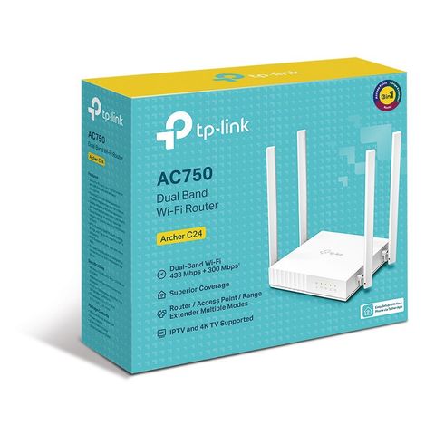 Bộ Phát Wifi TP-Link Archer C24 AC750 - Băng Tần Kép, 4 ăng ten, Tốc độ 300Mbps & 433Mbps - Kết nối Thông Minh, Phủ Sóng Rộng
