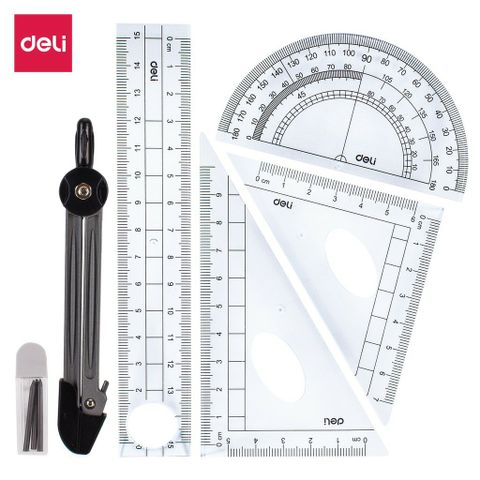 Bộ 6 Dụng Cụ Học Tập Compa và Thước Kẻ Deli E9609 - Chất Liệu PP Cao Cấp, Tiện Dụng Cho Học Sinh