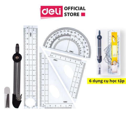 Bộ 6 Dụng Cụ Học Tập Compa và Thước Kẻ Deli E9609 - Chất Liệu PP Cao Cấp, Tiện Dụng Cho Học Sinh