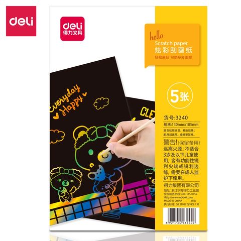 Set 5 Giấy Cào Ma Thuật Màu Cầu Vồng Deli Kèm Que Gỗ 3240 - Đồ Dùng Học Tập Sáng Tạo Cho Trẻ Em