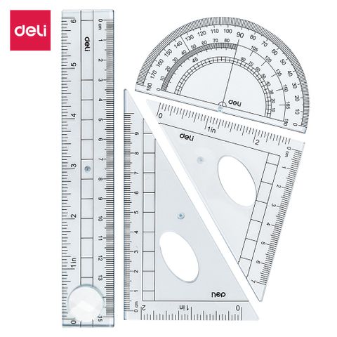 Bộ 4 Dụng Cụ Học Tập Deli E9597 - Thước Kẻ, Thước Eke, Thước Đo Độ - Công Cụ Học Tập Chất Lượng Cao Cho Học Sinh Vẽ Thiết Kế