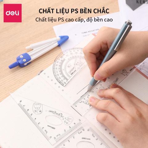 Bộ 5 Dụng Cụ Đo Deli E9598 - Thước Kẻ, Compa, Thước Đo Độ và Thước Eke - Bộ Đồ Văn Phòng Tiện Lợi, Dễ Dàng Mang Theo