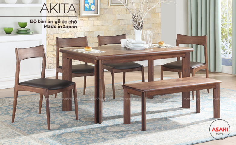 Bộ bàn ăn Akita 1M5 + 4 ghế + Bench gỗ óc chó nhập khẩu Bắc Mỹ - Thiết kế phong cách Nhật Bản, bền đẹp cho phòng bếp hiện đại
