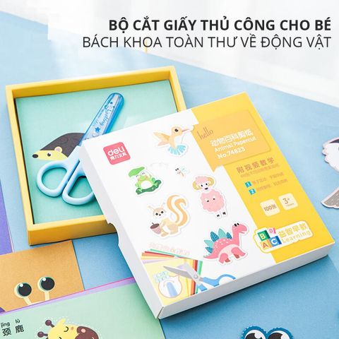 Bộ dụng cụ thủ công Deli 74823 - Kéo và 100 tờ giấy hình thú ngộ nghĩnh cho bé phát triển sáng tạo và kỹ năng cắt dán