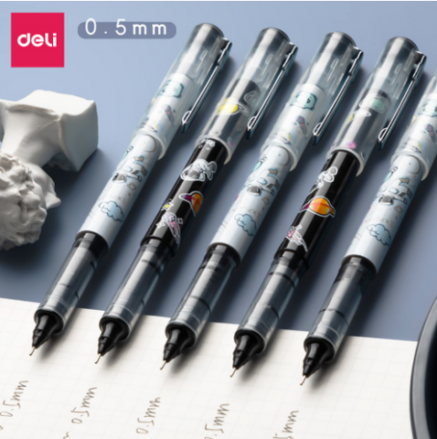 Bút Bi Nước Mực Gel Đen 0.5mm Deli S873 Họa Tiết Phi Hành Gia - Bộ 10 Chiếc Dùng Cho Học Tập và Công Việc