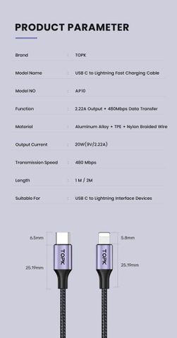 Cáp Sạc Nhanh TOPK AN10 Kim Loại Micro USB Type C - Sạc Nhanh 20W, Truyền Dữ Liệu 1Gb Trong 30s, Dây Bền Bỉ 30.000 Lần Uốn