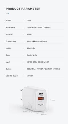 Củ Sạc Nhanh TOPK B210p 20W USB C & USB A - Sạc Đồng Thời 2 Thiết Bị, Thiết Kế Nhỏ Gọn, An Toàn và Tiện Dụng