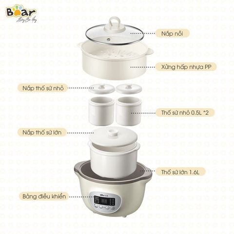Nồi Nấu Chậm 1.6L Bear SUBE002 Kèm 3 Thố & Lồng Hấp - Thông Minh Hẹn Giờ, Nấu Cháo, Hấp Tiện Lợi Cho Bé