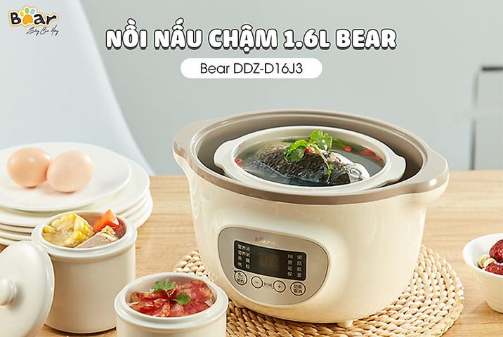 Nồi Nấu Chậm 1.6L Bear SUBE002 Kèm 3 Thố & Lồng Hấp - Thông Minh Hẹn Giờ, Nấu Cháo, Hấp Tiện Lợi Cho Bé