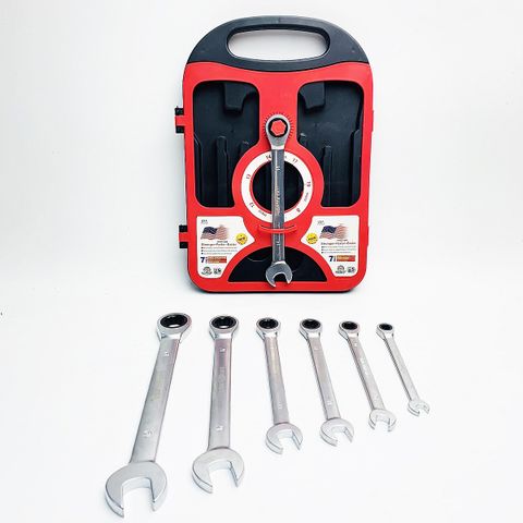 Bộ Cờ Lê Vòng Miệng Sinomax 7 Món Tiêu Chuẩn DIN-ANSI - Độ Chịu Lực Cao Chất Liệu Chrome Vanadium 8-19mm, Hộp Đựng Tiện Dụng