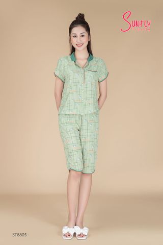 Bộ Pijamas Linen áo cộc quần lửng cổ cánh sen ST8805