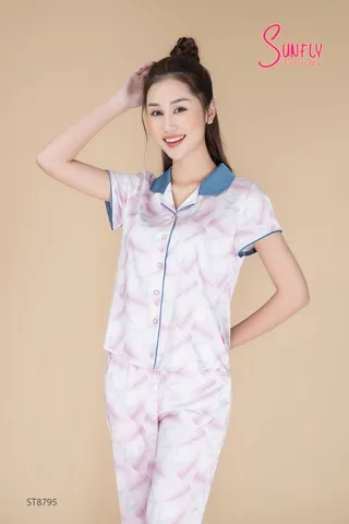Bộ Pijamas lụa Sunfly ST8795 áo cộc quần ngố họa tiết lông vũ