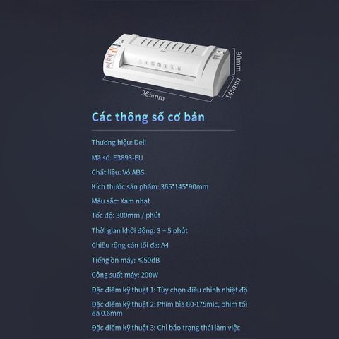 Máy Ép Nhựa Dẻo Deli E3893 A4/A5/B5 - Thiết Bị Bảo Quản Giấy Tờ Đa Năng Tiện Lợi, Công Suất 200W
