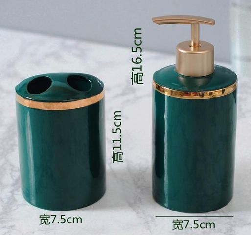 Bộ Đồ Dùng Nhà Tắm Bằng Sứ Xanh Viền Vàng - Bộ 6 Chi Tiết Sang Trọng Cho Phòng Tắm Thanh Lịch, Thiết Kế Thông Minh