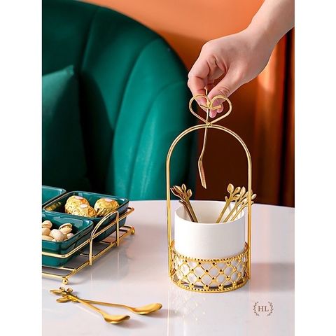 Bộ Lẵng Đựng Muỗng Nĩa Phong Cách Bắc Âu Gốm Sứ và Kim Loại - Trang Trí Bàn Ăn Độc Đáo, Quà Tặng Sang Trọng