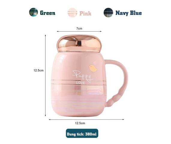 Cốc Sứ Vân Mây Có Nắp Vàng Hồng Ánh Kim - Trang Trí Bàn Học & Quà Tặng Độc Đáo, Dung Tích 380ml