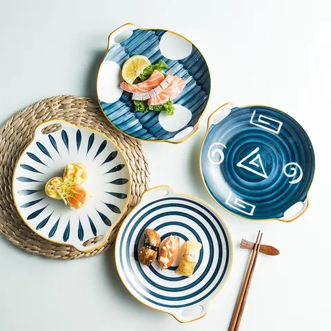 Đĩa sứ thuyền Nhật Bản phong cách Retro - Sứ xương cao cấp, miệng viền vàng kim trang trí, 4 x 23.5cm, phù hợp với lò vi sóng và máy rửa bát