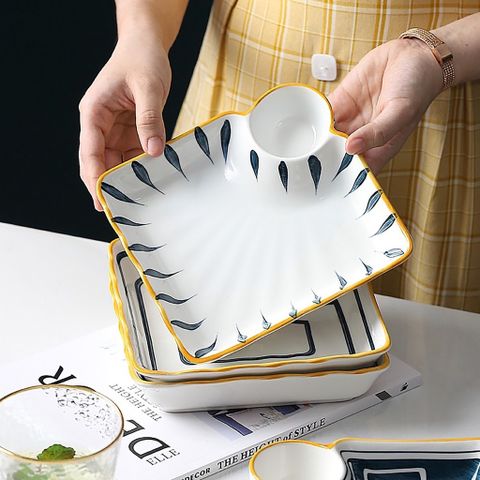 Đĩa Sứ Vuông Retro Có Ngăn Đựng Gia Vị - Thiết Kế Vintage Sang Trọng, Chất Liệu Sứ Xương Cao Cấp