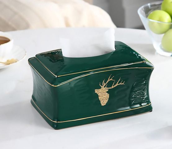 Hộp Đựng Khăn Giấy Gốm Sứ Xanh Ngọc Họa Tiết Nai Sừng Tấm - Phong Cách Bắc Âu Sang Trọng Cho Trang Trí Nhà Cửa