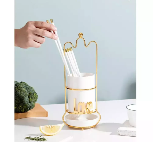 Ống Đựng Đũa Sứ Khung Inox Hình Love - Tiện Ích Bếp Sang Trọng Màu Xanh Mint, Xanh, Trắng - Đồ Gia Dụng Nhà Bếp Cao Cấp