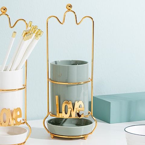 Ống Đựng Đũa Sứ Khung Inox Hình Love - Tiện Ích Bếp Sang Trọng Màu Xanh Mint, Xanh, Trắng - Đồ Gia Dụng Nhà Bếp Cao Cấp
