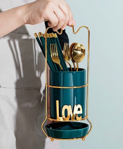 Ống Đựng Đũa Sứ Khung Inox Hình Love - Tiện Ích Bếp Sang Trọng Màu Xanh Mint, Xanh, Trắng - Đồ Gia Dụng Nhà Bếp Cao Cấp