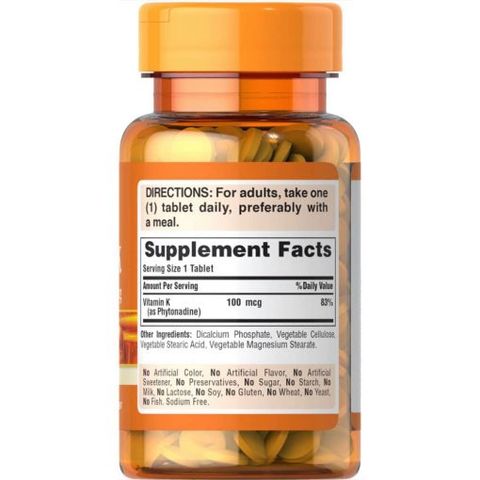 Viên uống bổ xương khớp Puritan's Pride Vitamin K 100mcg - Hỗ trợ sức khỏe xương khớp và ngăn ngừa dấu hiệu lão hóa da hiệu quả
