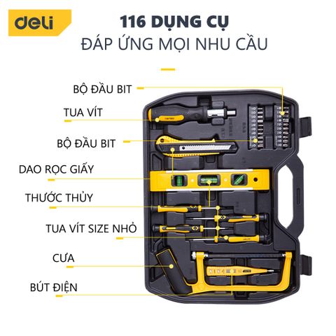Bộ Dụng Cụ Sửa Đồ Đa Năng 116 Chi Tiết Deli DL5973 - Bộ Sản Phẩm Hữu Ích Cho Mọi Gia Đình, Tiện Lợi Và Đầy Đủ Phụ Kiện