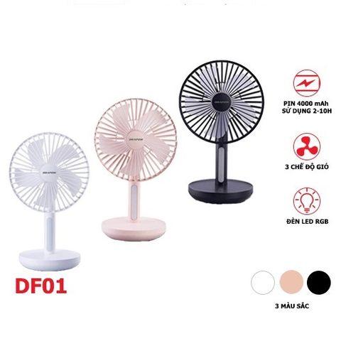 Quạt để bàn mini có đèn LED Drapow DF01 - Quạt tích điện 4000mAh, 3 chế độ gió, tiện lợi cho gia đình và du lịch, màu sắc hiện đại